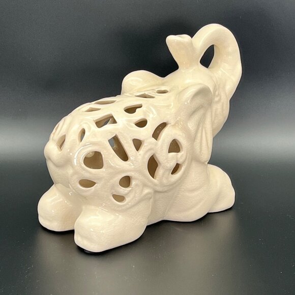 Ceramic Elephant Figurine Carved Crackle Pattern Trunk Up 9" x 7" - Picture 4 of 14